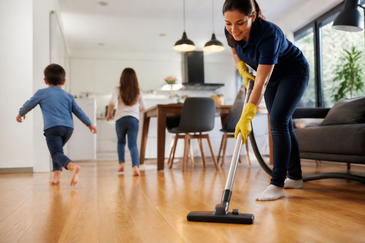 Regular house cleaning frequency—Calendar with weekly and bi-weekly options marked, surrounded by cleaning supplies