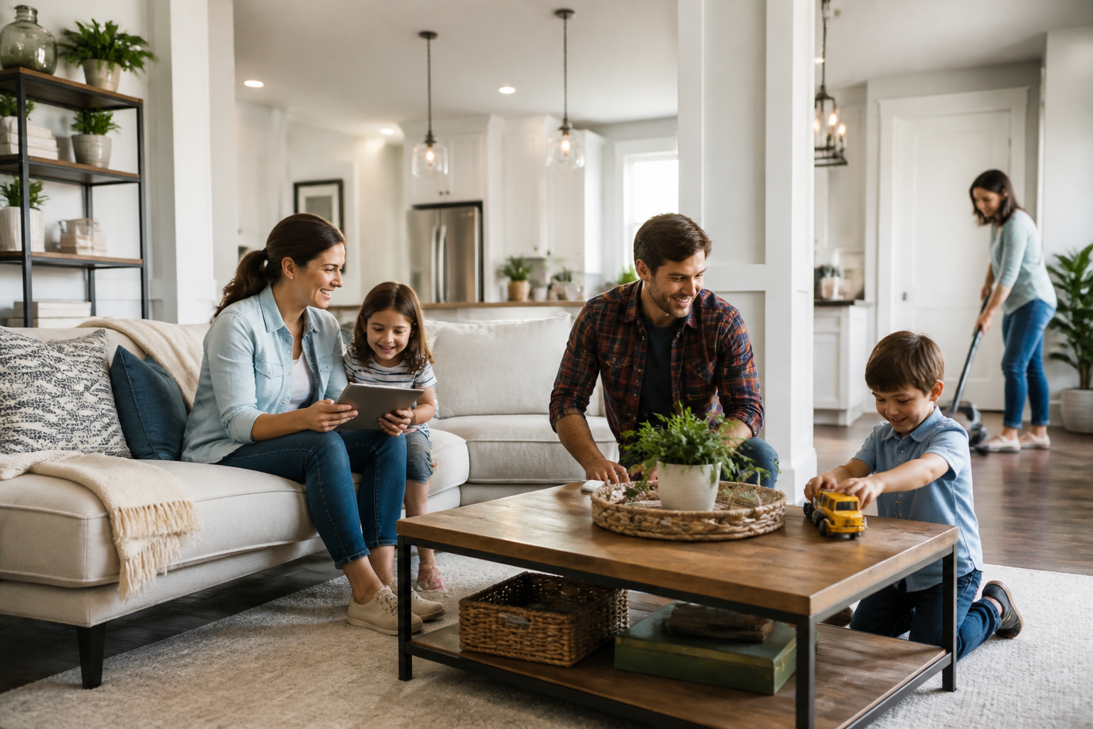 regular house cleaning frequency — a busy family relaxing in their tidy living room together