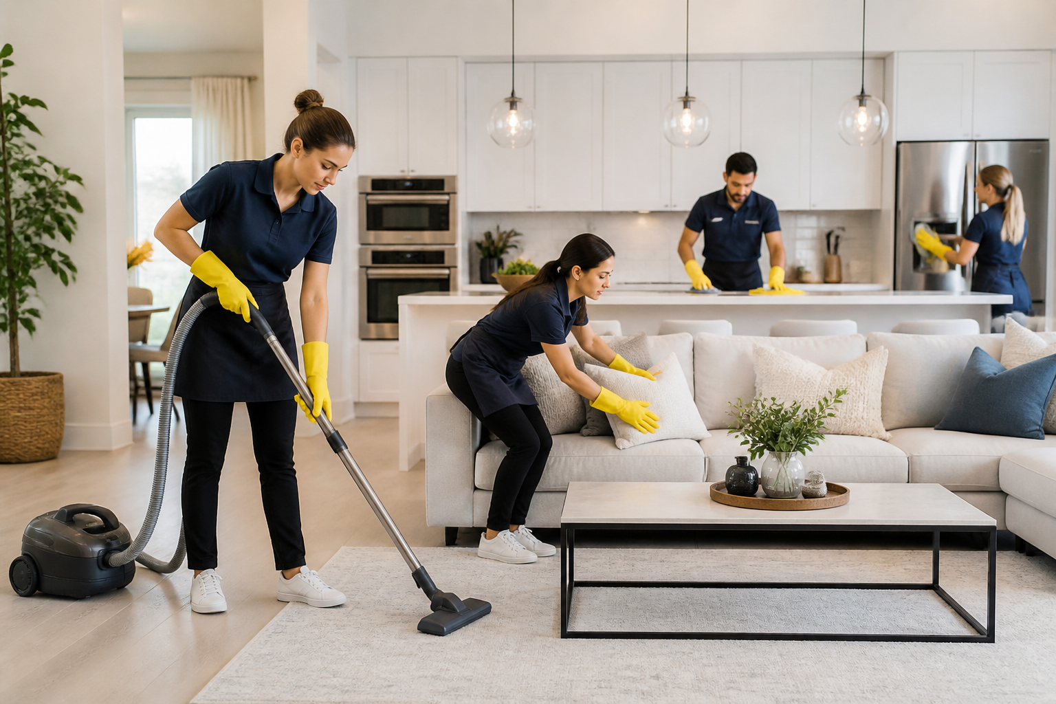 weekly house cleaning benefits — a professional cleaning team diligently working in a home