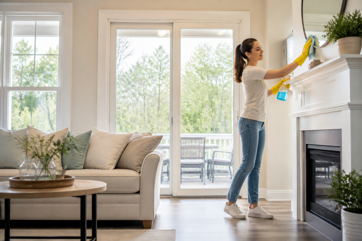 Seasonal cleaning Goose Creek—Woman in gloves dusting a bookshelf with cleaning supplies nearby