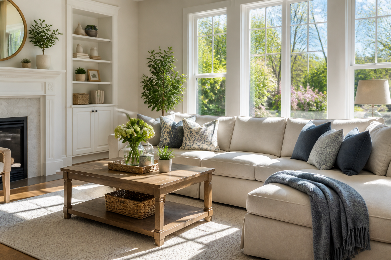 seasonal cleaning Goose Creek — a beautifully organized living room with sunlight streaming through the windows