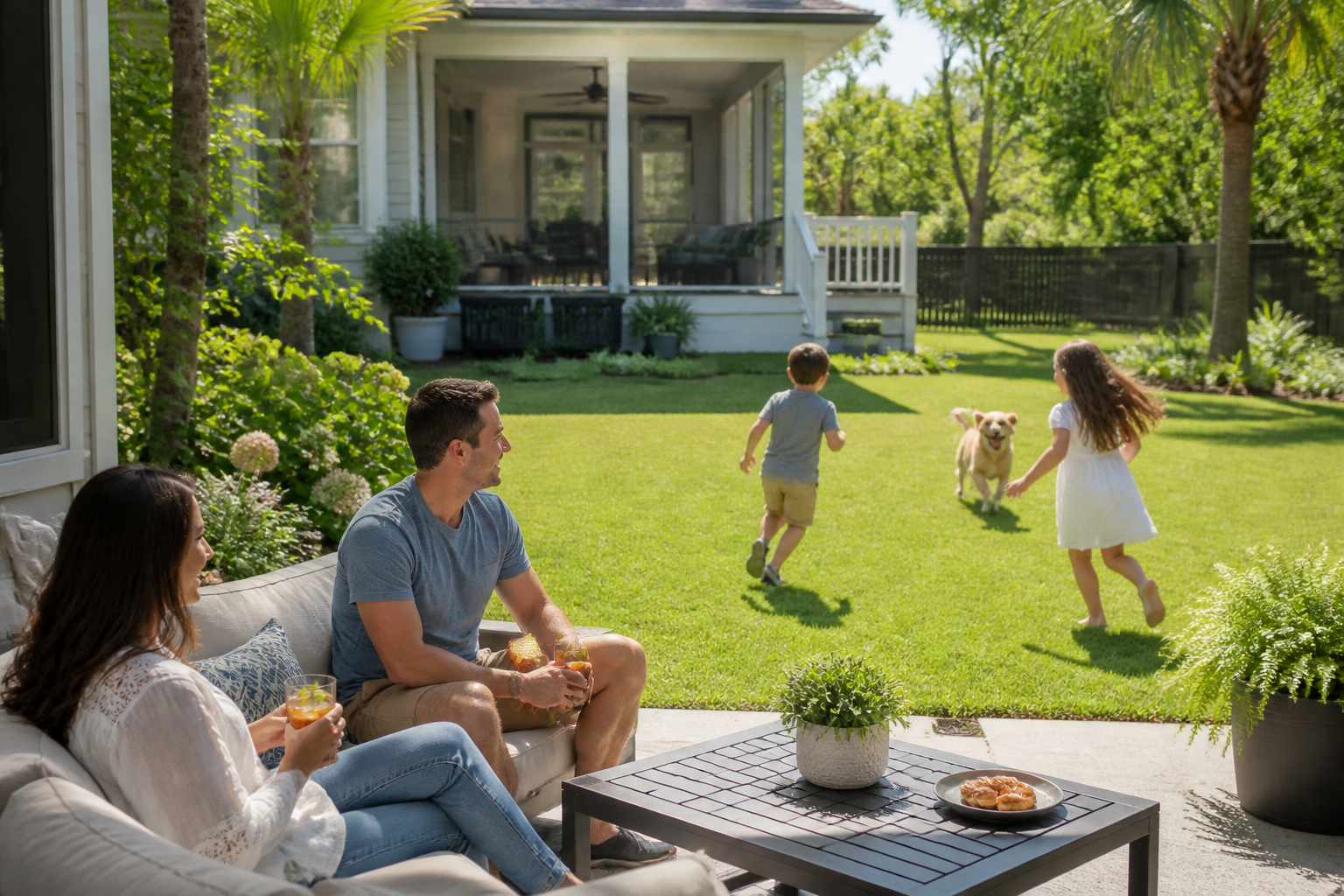 spring cleaning Goose Creek — a family enjoying a clean backyard with children playing and adults relaxing