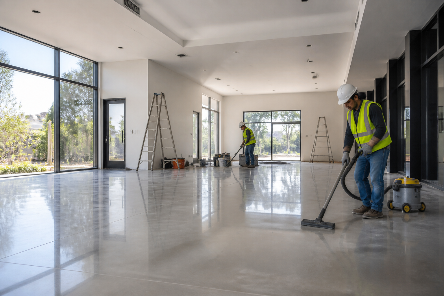 Post-construction cleanup Goose Creek—Team vacuuming and wiping down surfaces in a newly finished building interior