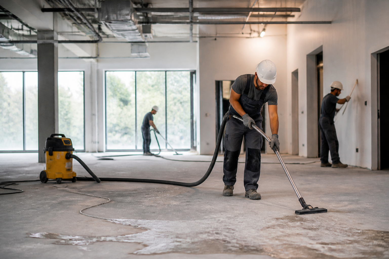 construction site cleaning — professional cleaning team at work in a construction site
