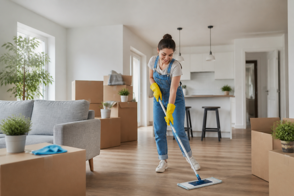 Move-in deep cleaning — Person wearing gloves scrubbing a kitchen counter with cleaning supplies nearby