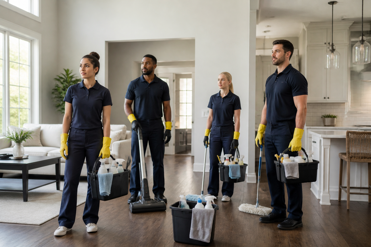 move-in deep cleaning — A professional cleaning team preparing to start a deep clean in a residential home