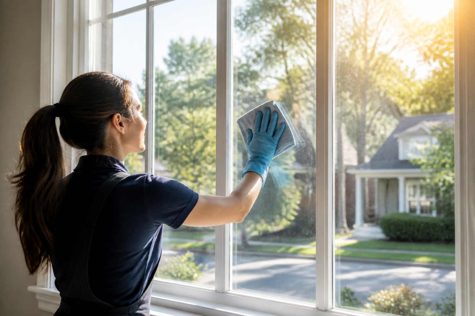 new home cleaning Goose Creek — A cleaning professional wiping a window with sunlight highlighting the cleanliness