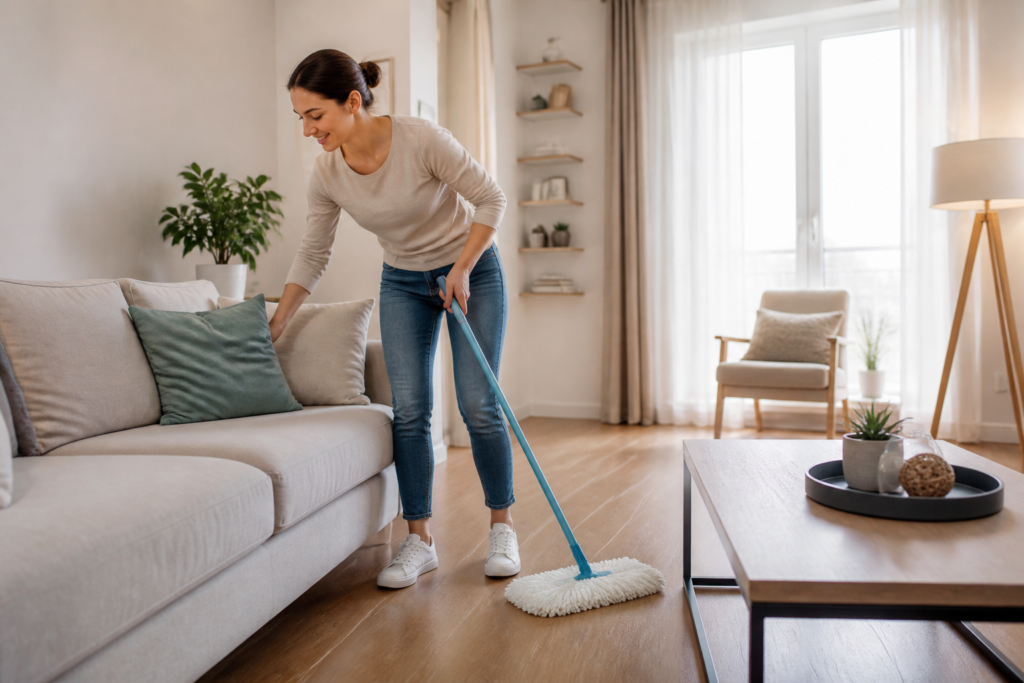 Quick home cleaning hacks in Goose Creek, SC—Woman swiftly tidying up a living room with a duster and vacuum cleaner nearby