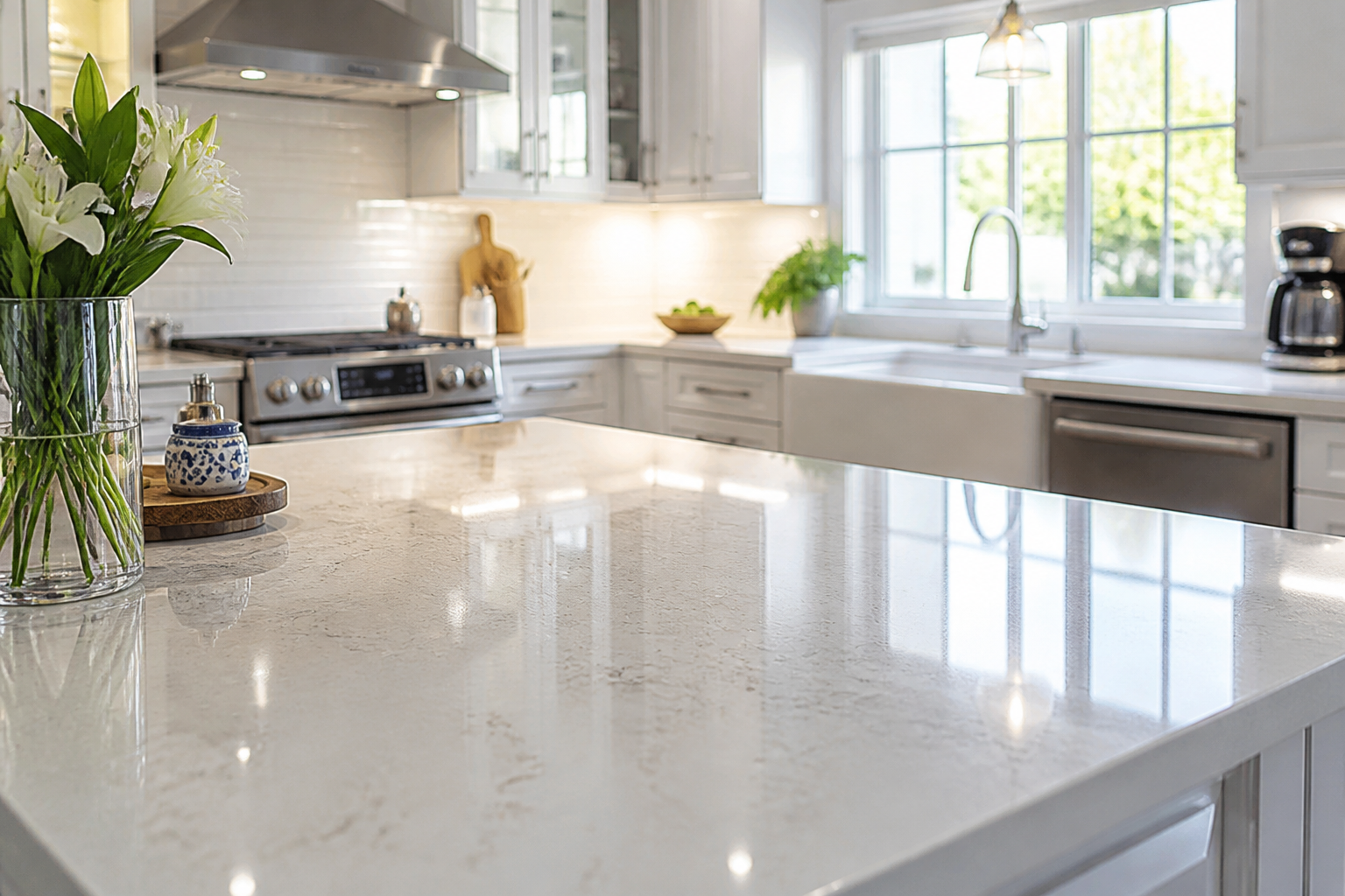 last minute cleaning tips — a clean and organized kitchen with sparkling countertops