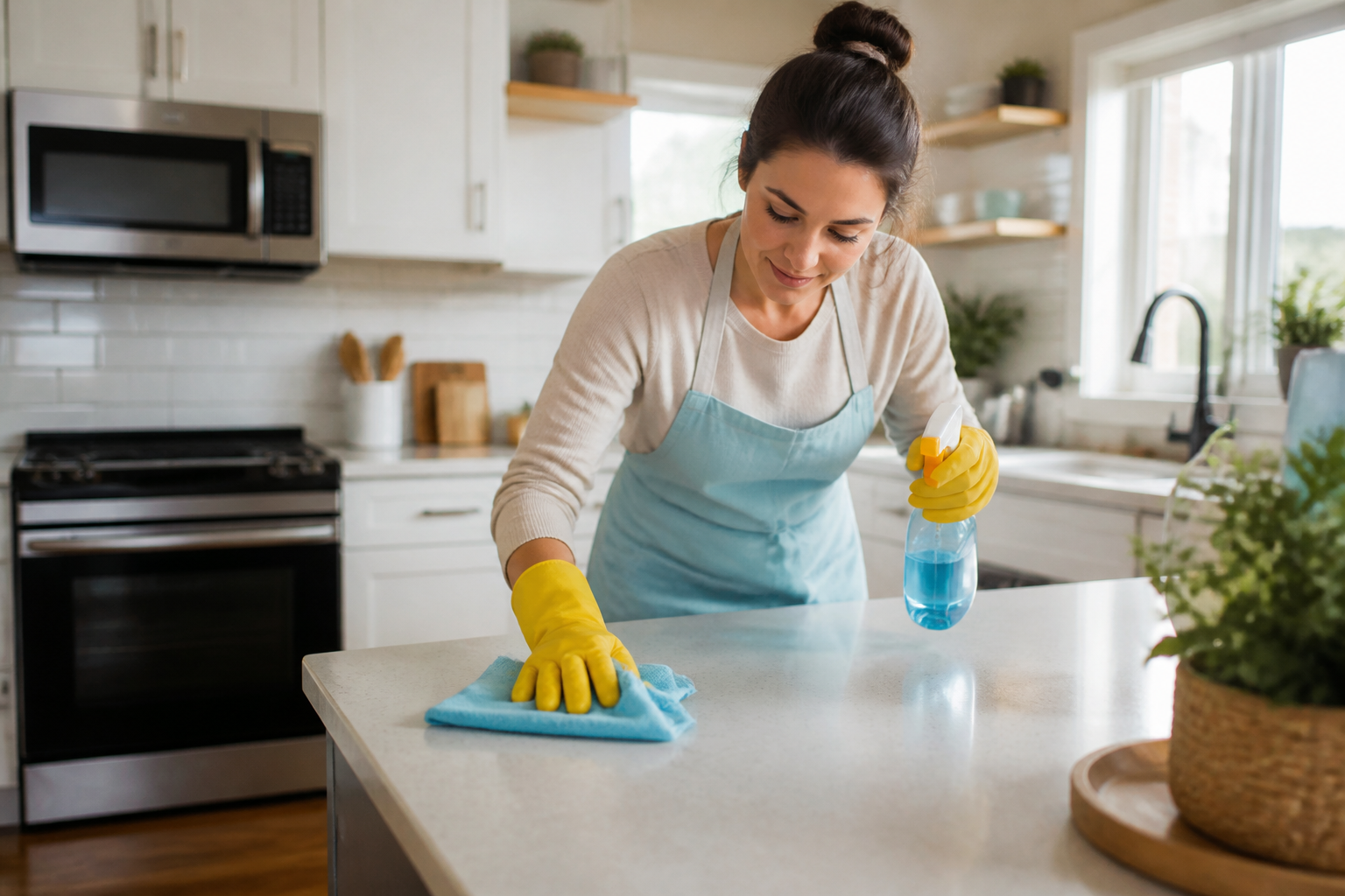 Deep cleaning checklist — A neatly organized cleaning checklist on a clipboard with various cleaning supplies in the background