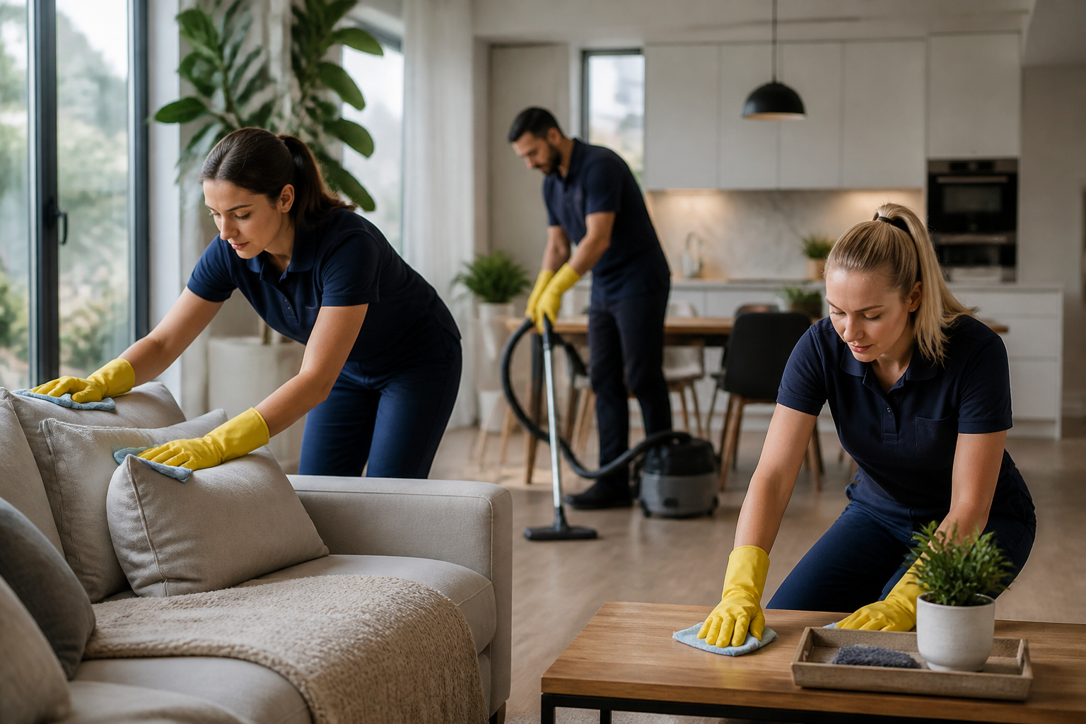 Consistent cleaning teams—Uniformed team of cleaners using mops and vacuums to clean a bright, modern living room