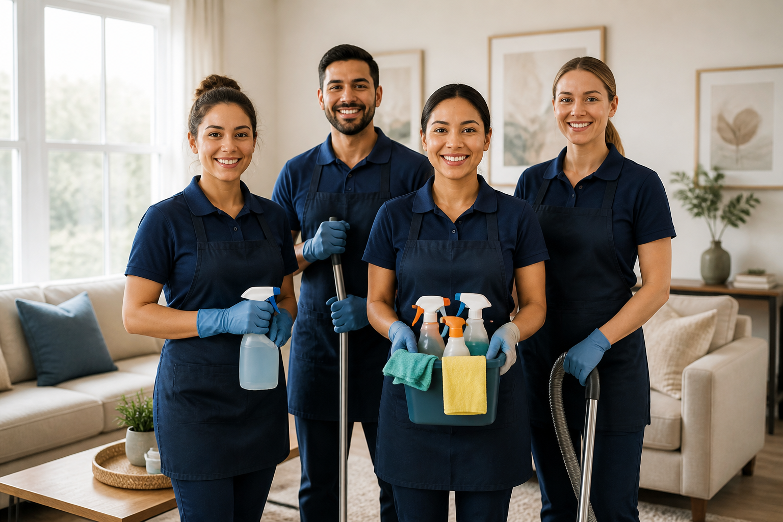 consistent cleaning teams — smiling cleaning team with supplies in a well-decorated living room