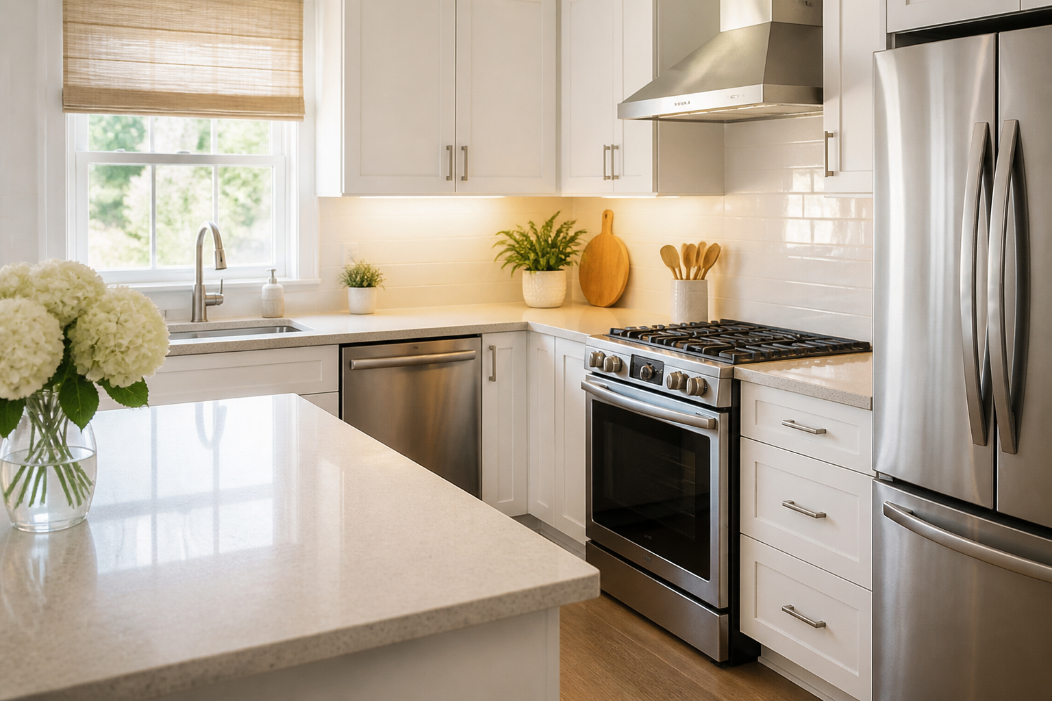 dedicated cleaning staff — tidy and organized kitchen with gleaming countertops and appliances