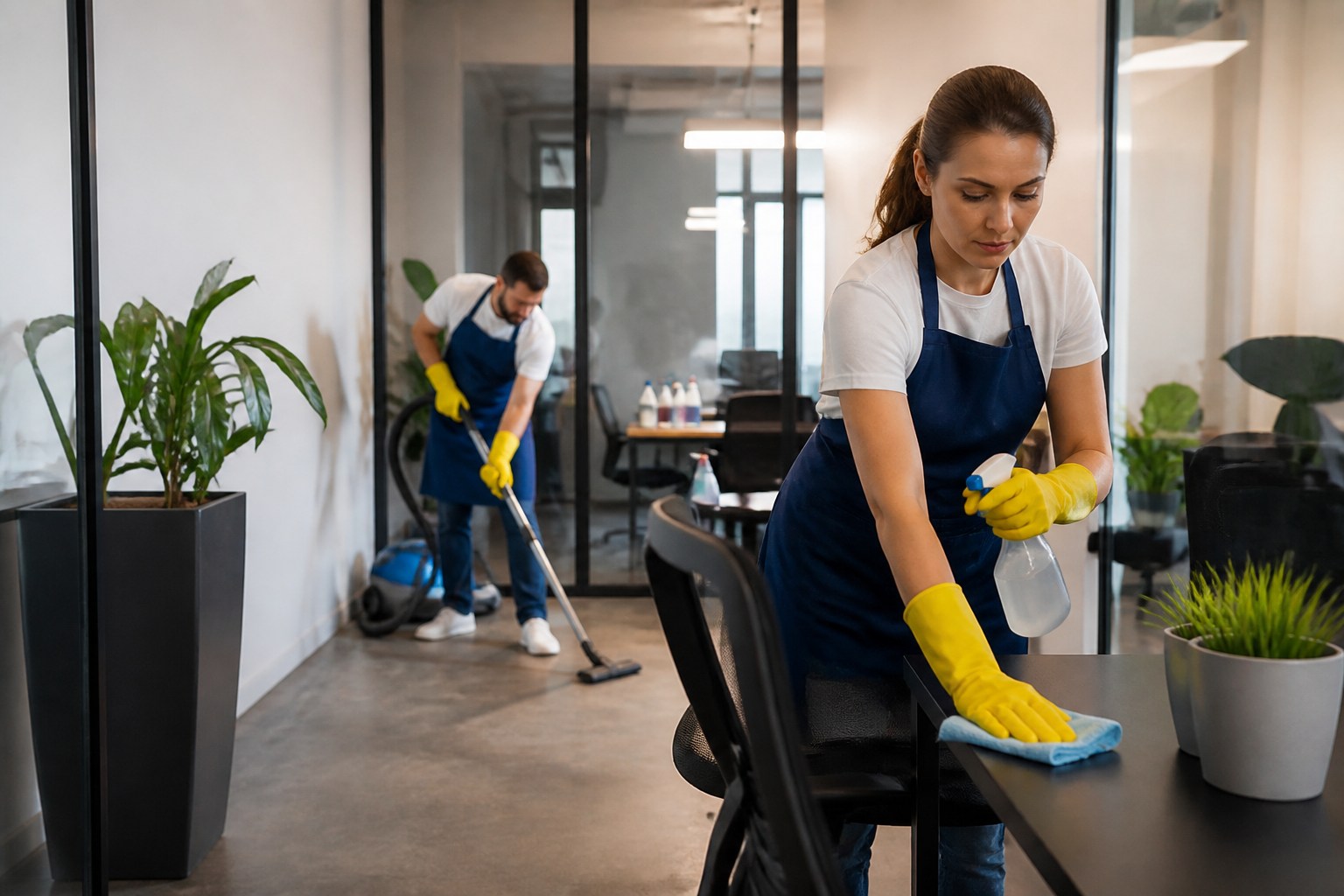 Office cleaning services — A team of professionals dusting desks and vacuuming in a modern office setting